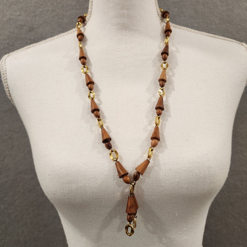 Wood Bead Necklace Gold Tone Chain Pendant‎ Y Drop Statement